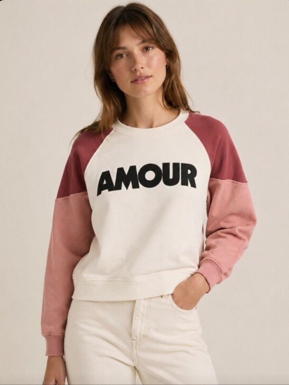 AMOUR Colorblock Raglan Sweatshirt - Cream & Dusty Rose Size Small